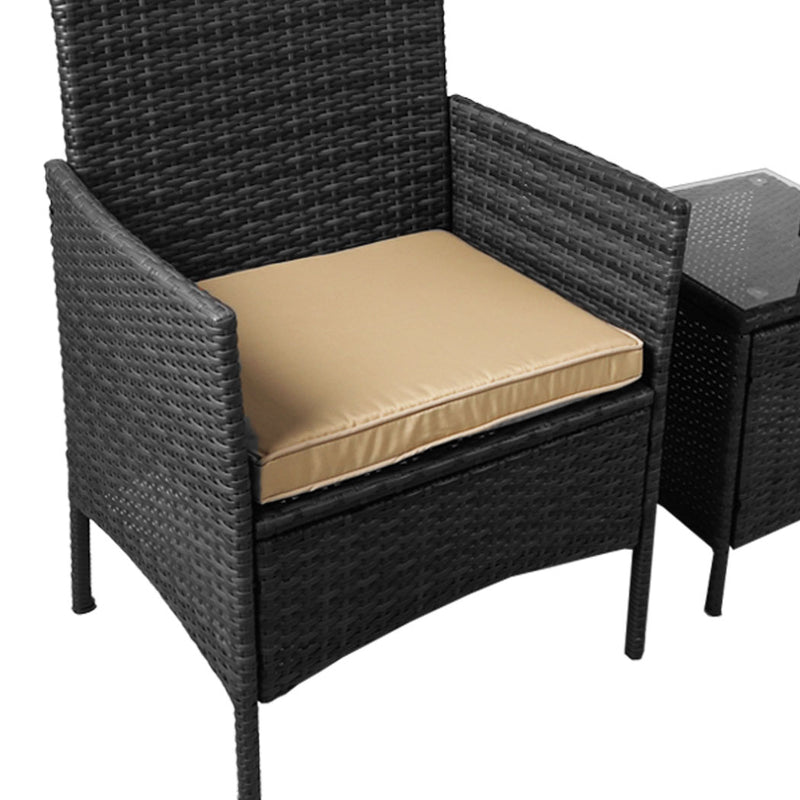 Outdoor Furniture Set Patio Garden 3 Pcs Chair Table Rattan Wicker Cushion Seat Black