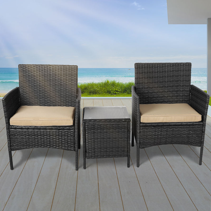 Outdoor Furniture Set Patio Garden 3 Pcs Chair Table Rattan Wicker Cushion Seat Black