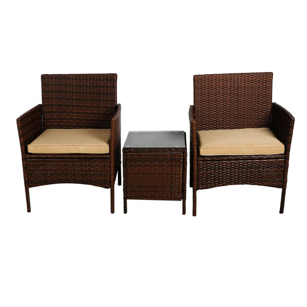 Outdoor Furniture Set Patio Garden 3 Pcs Chair Table Rattan Wicker Cushion Seat Brown