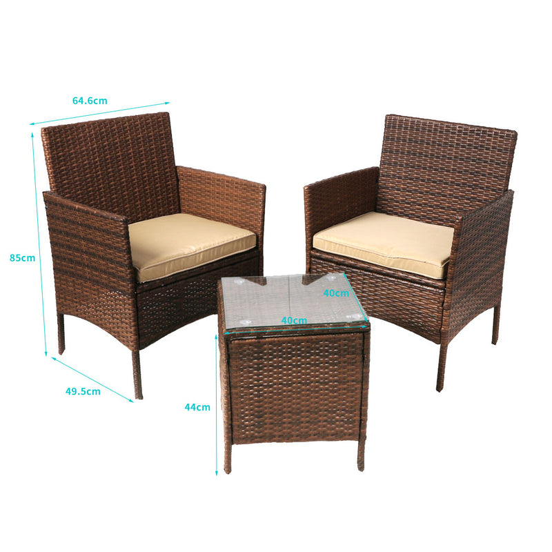 Outdoor Furniture Set Patio Garden 3 Pcs Chair Table Rattan Wicker Cushion Seat Brown