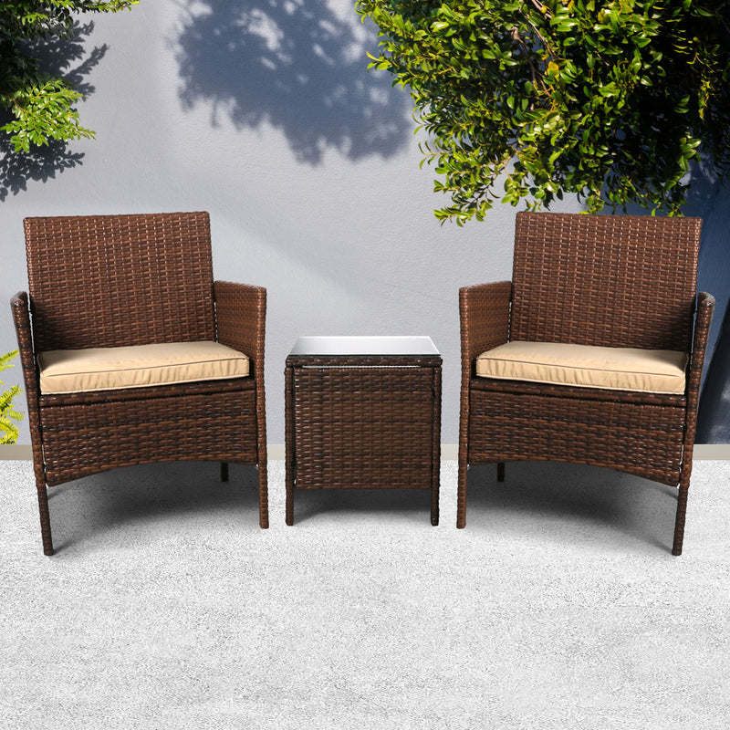 Outdoor Furniture Set Patio Garden 3 Pcs Chair Table Rattan Wicker Cushion Seat Brown