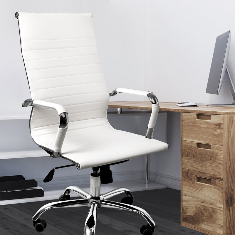 Office Chair Gaming Chair Home Work Study PU Mat Seat High-Back Computer White