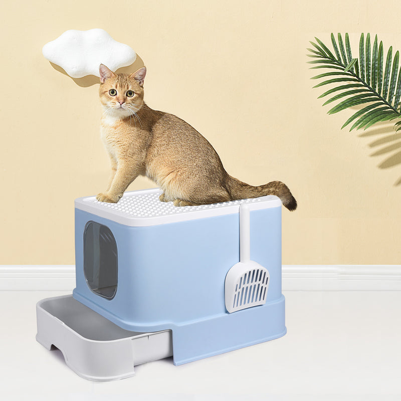 PaWz Cat Litter Box Fully Enclosed Kitty Toilet Trapping Odor Control Basin Blue