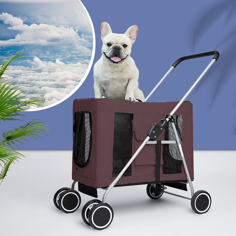 Pet Stroller Dog Cat Puppy Pram Travel Carrier 4 Wheels Pushchair Foldable Brown