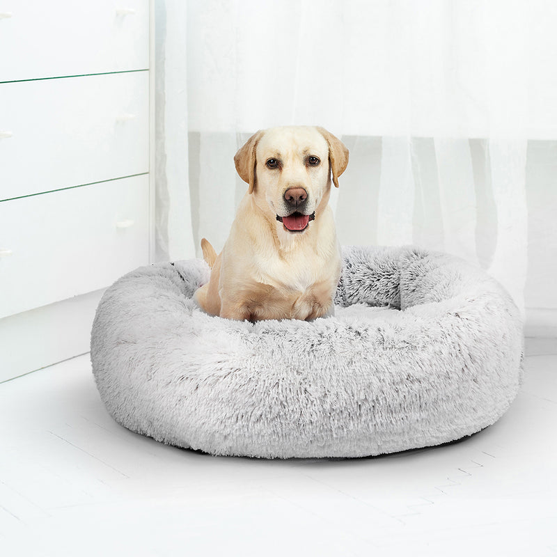 Pet Bed Cat Dog Donut Nest Calming Mat Soft Plush Kennel White with Coffee Hint M