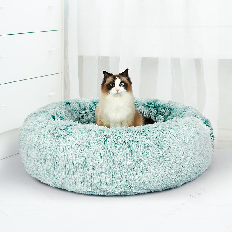 Pet Bed Cat Dog Donut Nest Calming Mat Soft Plush Kennel Teal M