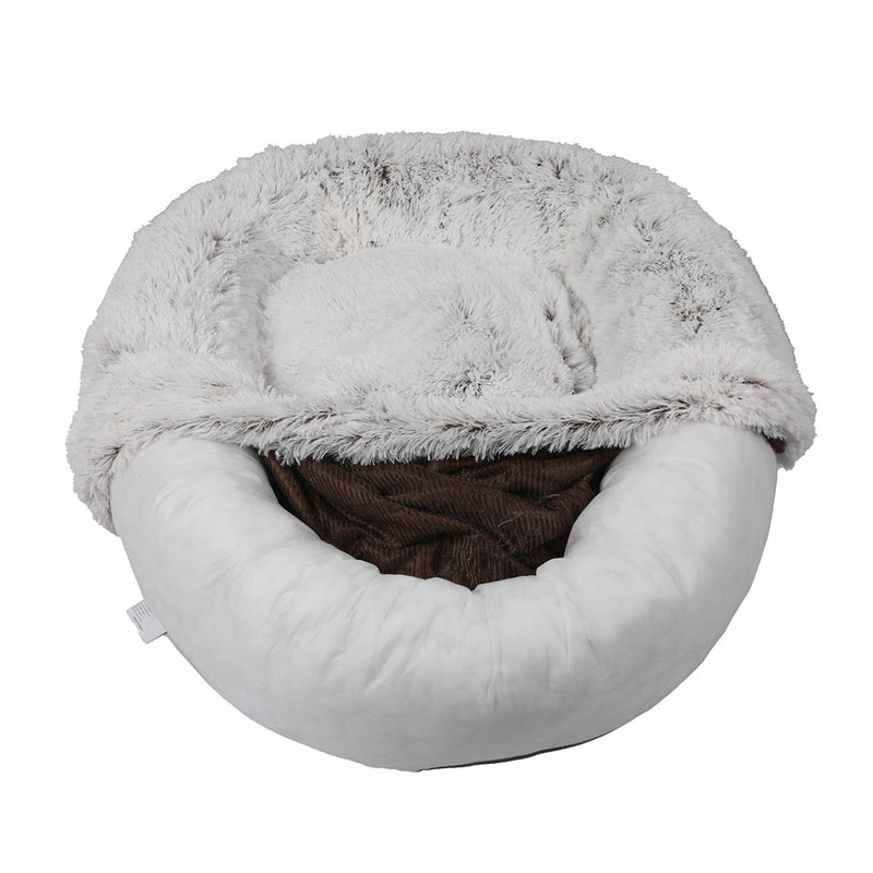 Pet Bed Cat Dog Donut Nest Calming Mat Soft Plush Kennel White with Coffee Hint XL