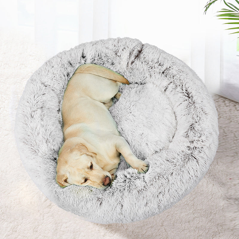 Pet Bed Cat Dog Donut Nest Calming Mat Soft Plush Kennel White with Coffee Hint XL