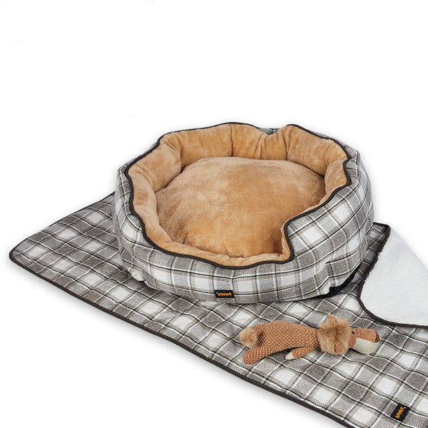 PaWz Pet Bed Set Dog Cat Quilted Blanket Squeaky Toy Calming Warm Soft Nest Checkered L