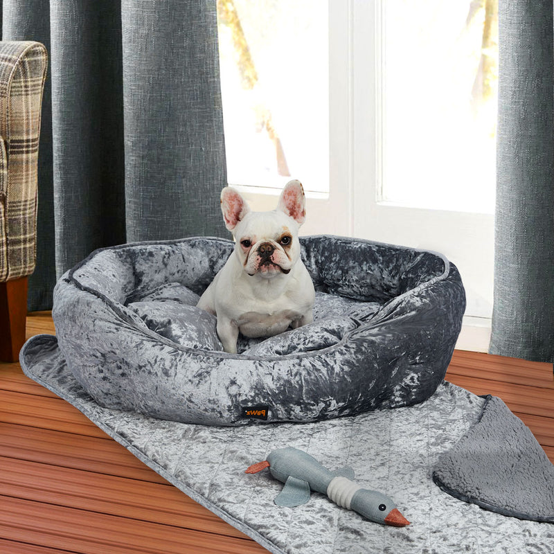 PaWz Pet Bed Set Dog Cat Quilted Blanket Squeaky Toy Calming Warm Soft Nest Grey M