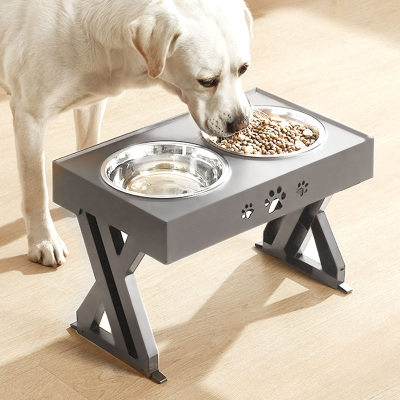 PaWz Elevated Pet Feeder Food Water Double Bowls Adjustable Height Raised Grey