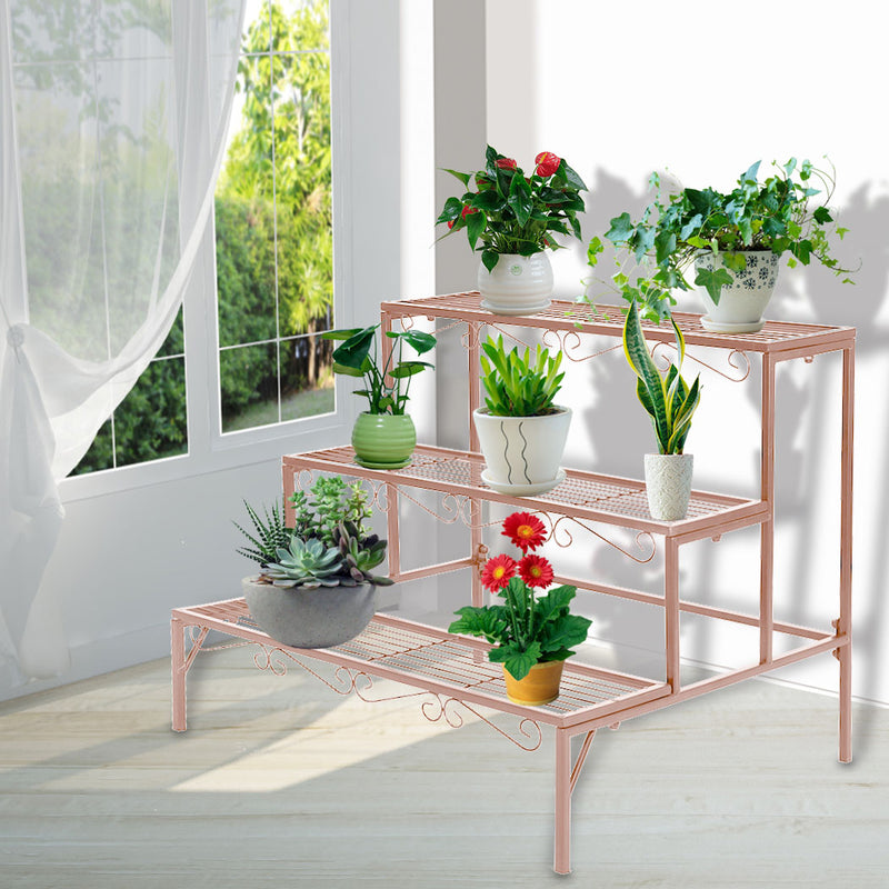 Levede Plant Stand 3 Tier Rectangle Metal Flower Planter Corner Shelf Rose Gold