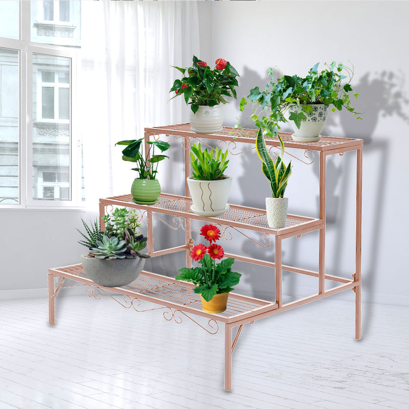 Levede Plant Stand 3 Tier Rectangle Metal Flower Planter Corner Shelf Rose Gold