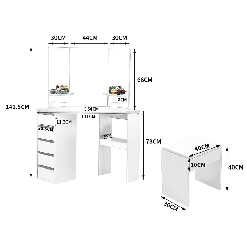 Levede Dressing Table Stool Mirror Jewellery Organiser Makeup Cabinet 5 Drawers White