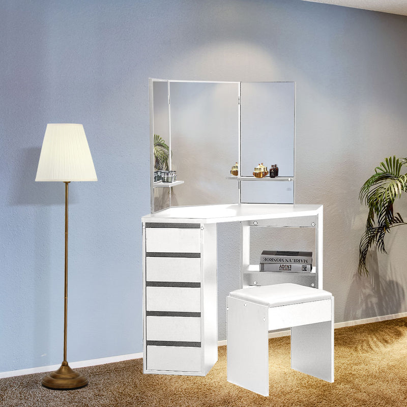 Levede Dressing Table Stool Mirror Jewellery Organiser Makeup Cabinet 5 Drawers White