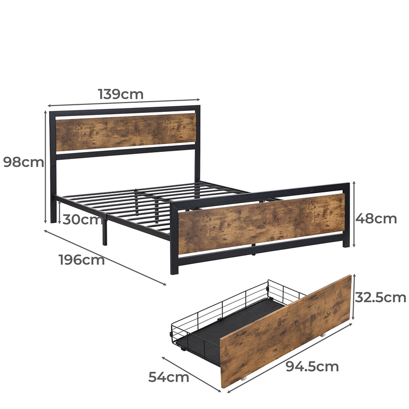 Levede Metal Bed Frame Double Mattress Base Platform Wooden 4 Drawers Industrial