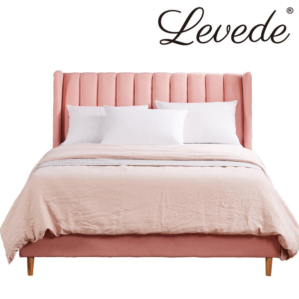 Levede Bed Frame Velvet Base Bedhead Headboard Queen Size Wooden Platform Pink