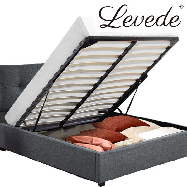 Levede Bed Frame Queen Size Gas Lift Base Storage Wooden Platform Linen Cotton