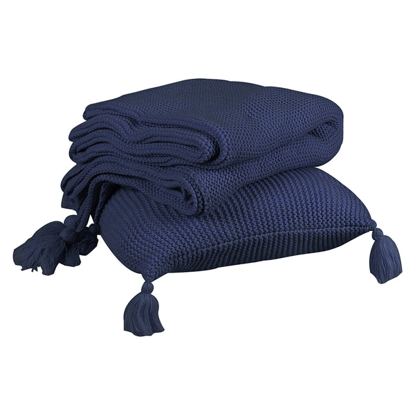 DreamZ Knitting Throw Blanket Cushion Set Pillow Tassel Fringe Sofa Bed Rug Navy