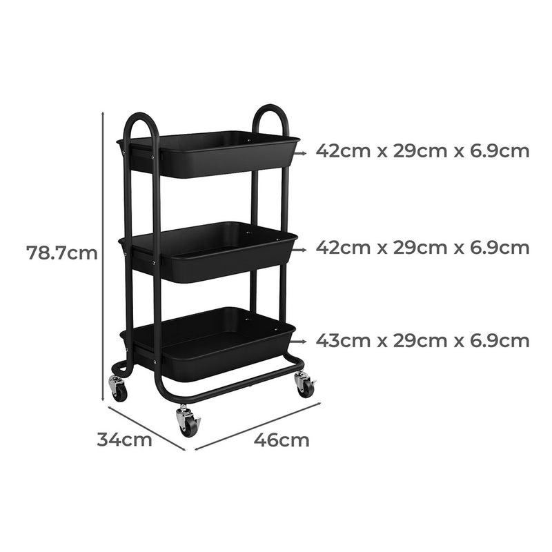 Levede 3 Tiers Kitchen Storage Trolley Cart Steel Rack Shelf Organiser Black