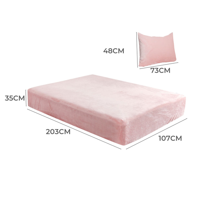 DreamZ Fitted Bed Sheet Set Pillowcase Flannel King Single Size Winter Warm Pink