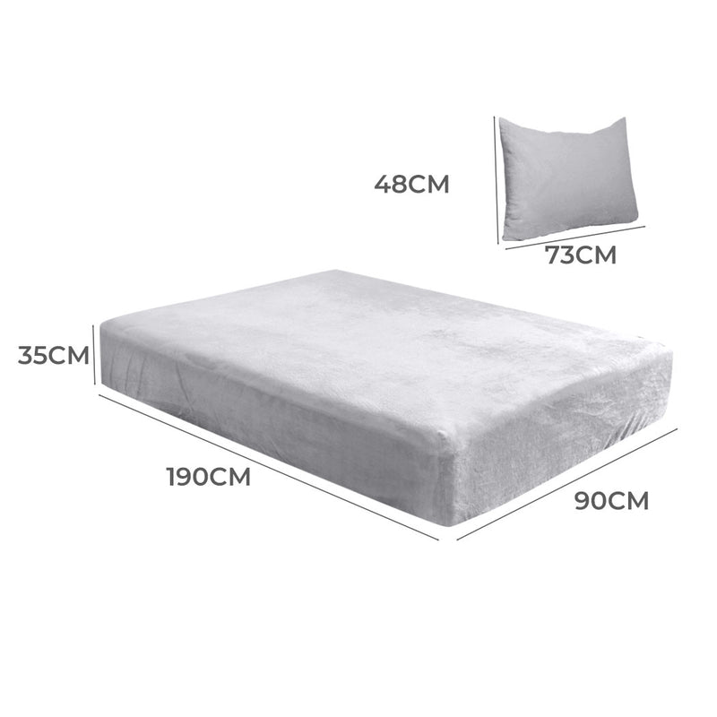 DreamZ Fitted Bed Sheet Set Pillowcase Flannel Single Size Winter Warm Silver