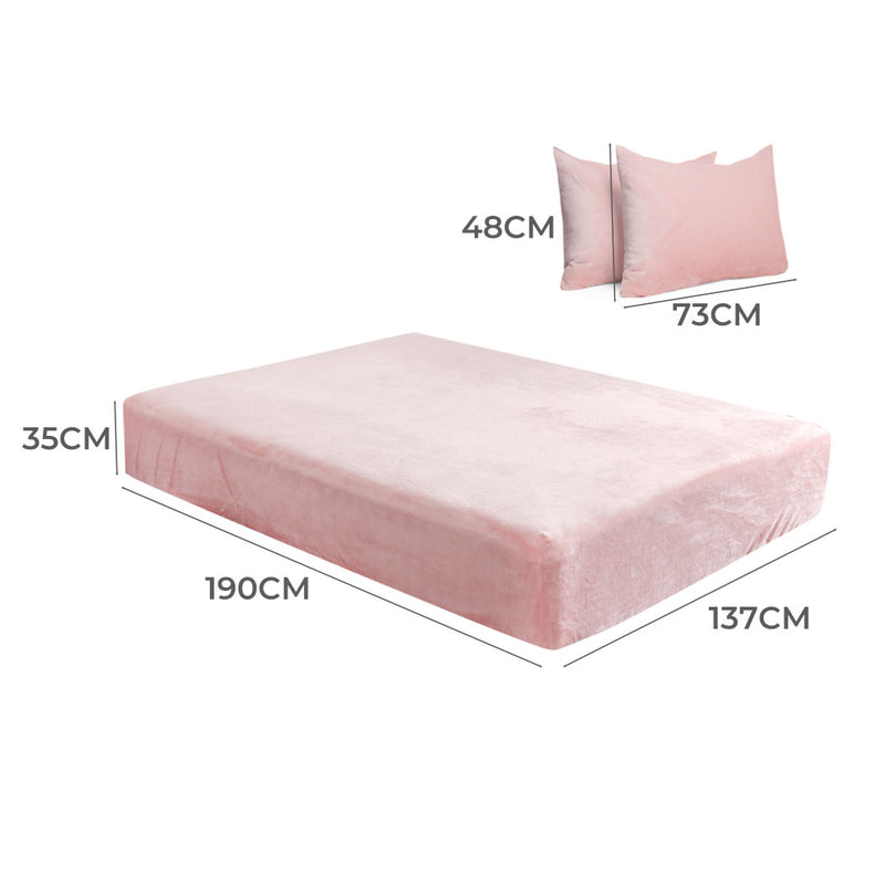 DreamZ Fitted Bed Sheet Set Pillowcase Flannel Double Size Winter Warm Pink