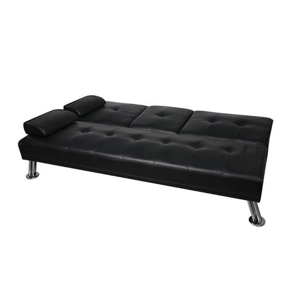 Adjustable Sofa Bed Lounge Futon Couch Leather Beds 3 Seater Cup Holder Recliner Black