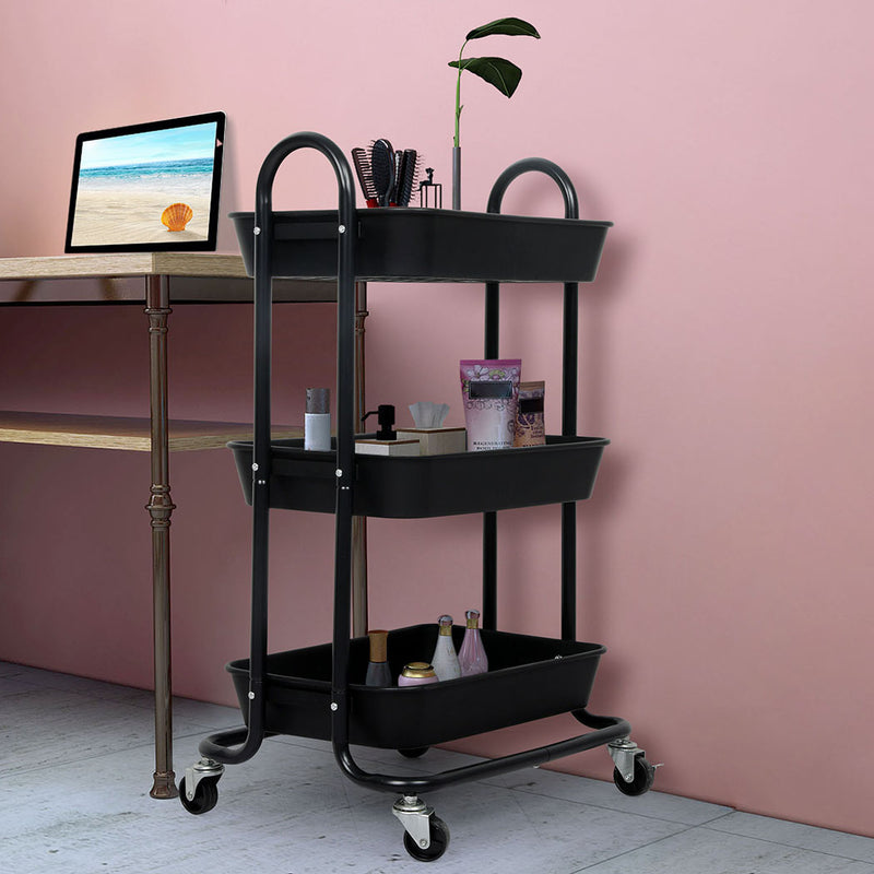 Levede 3 Tiers Kitchen Storage Trolley Cart Steel Rack Shelf Organiser Black