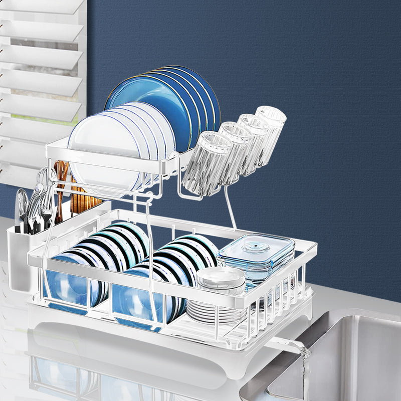 TOQUE Detachable Dish Drying Rack Cutlery Organizer Drainer Board  2 Tier White