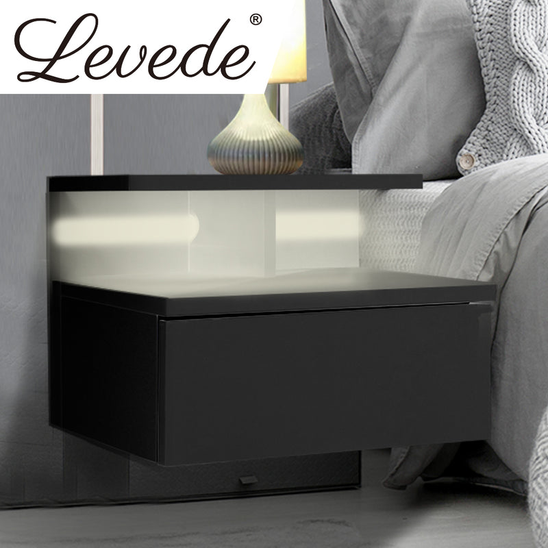 Levede Bedside Tables LED Side Table Storage Drawer Floating Nightstand Black X2