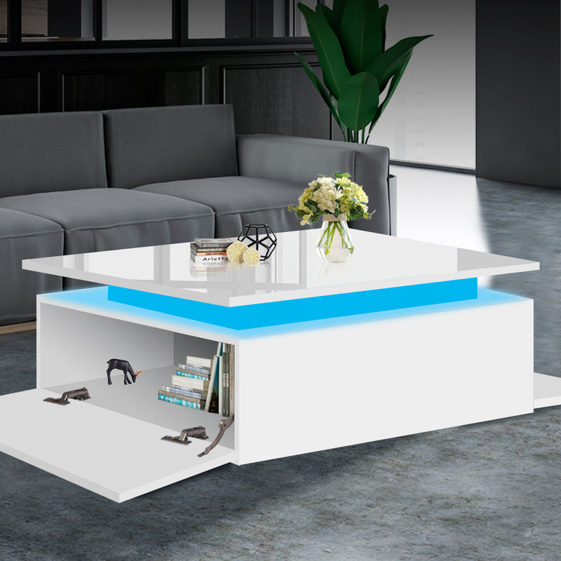 Levede Coffee Table LED Lights High Gloss Storage Drawer Living Room White