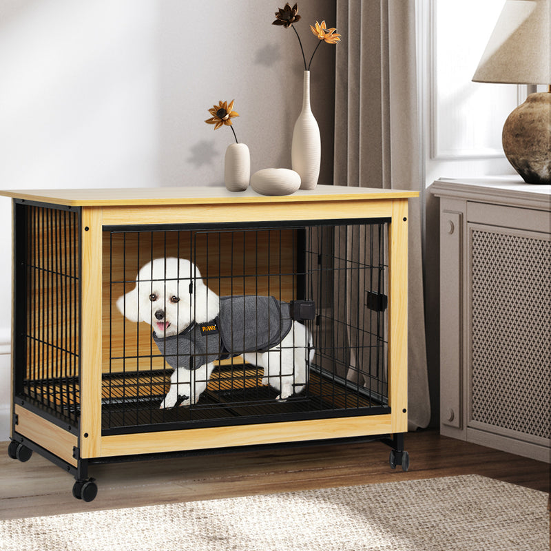 PaWz Wooden Wire Dog Kennel Side End Table Steel Puppy Crate Indoor Pet House M