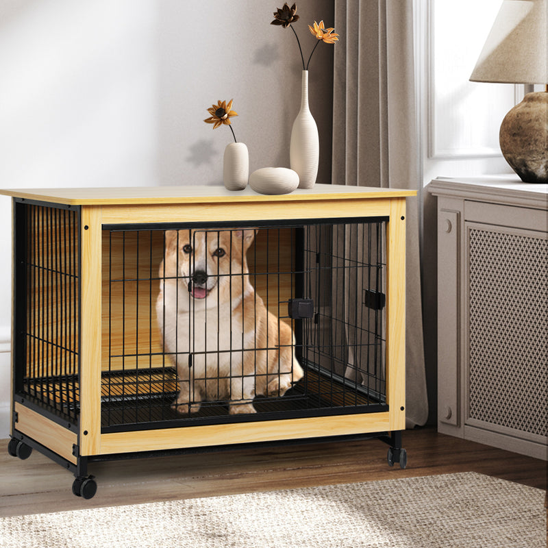 PaWz Wooden Wire Dog Kennel Side End Table Steel Puppy Crate Indoor Pet House L