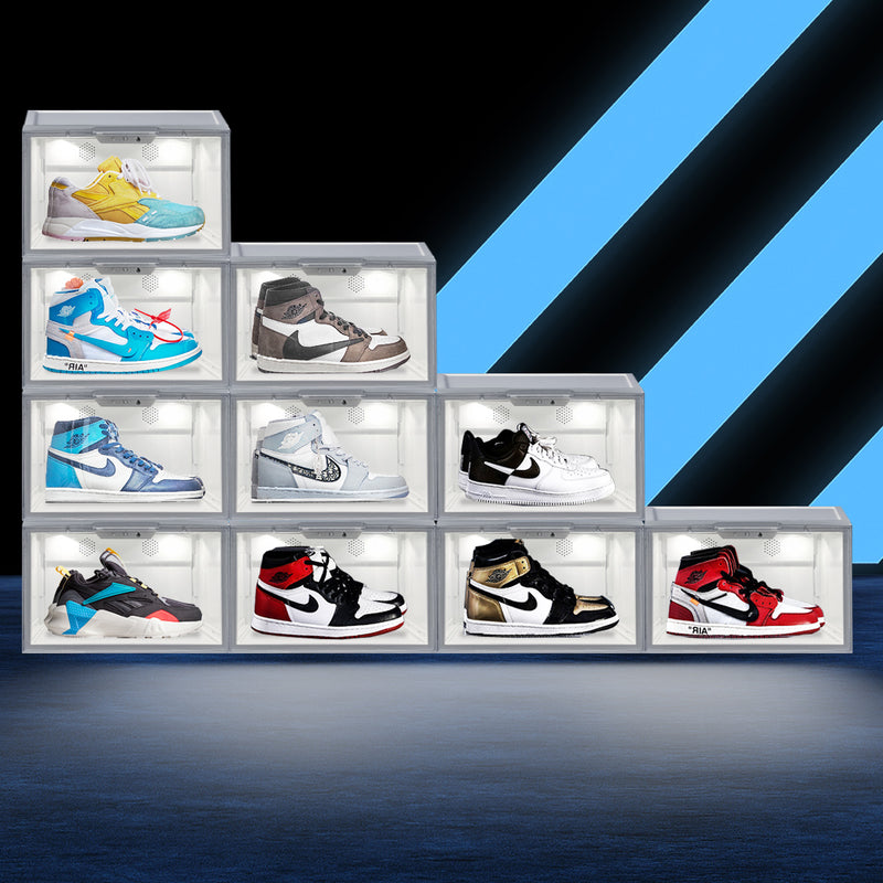 LED Shoe Storage Boxes Lighted Sneaker Display Case Sound Control Magnetic White