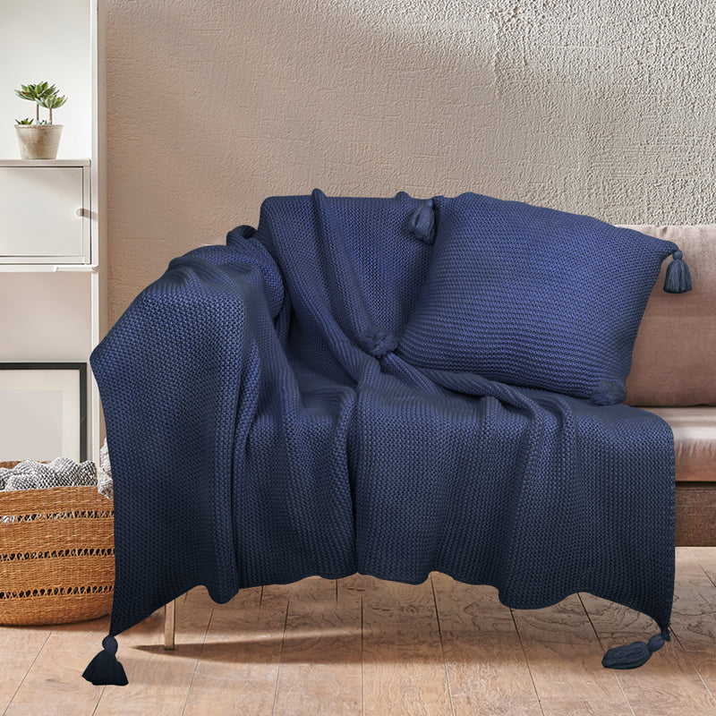 DreamZ Knitting Throw Blanket Cushion Set Pillow Tassel Fringe Sofa Bed Rug Navy