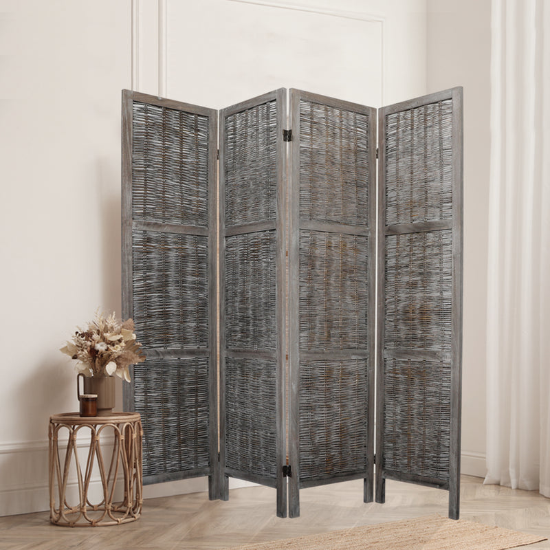 Levede 4 Panels Room Divider Screen Privacy Rattan Timber Fold Woven Grey