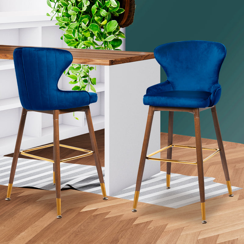 Levede 2x Bar Stools Kitchen Stool Chairs Velvet Swivel Barstools Luxury Blue