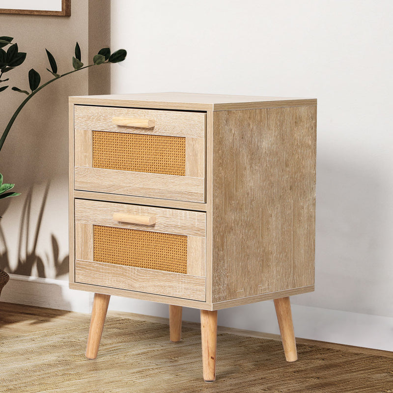 Levede Bedside Tables 2 Drawers Rattan Wood Nightstand Storage Cabinet Bedroom