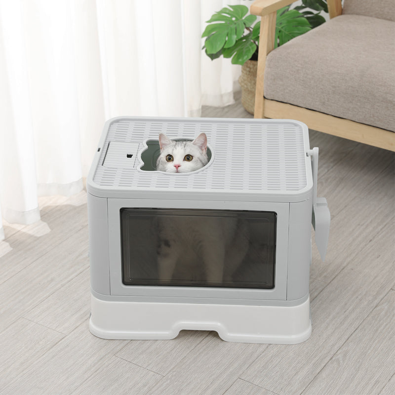 PaWz Foldable Cat Litter Box Tray Enclosed Kitty Toilet Hood Hair Grooming Grey