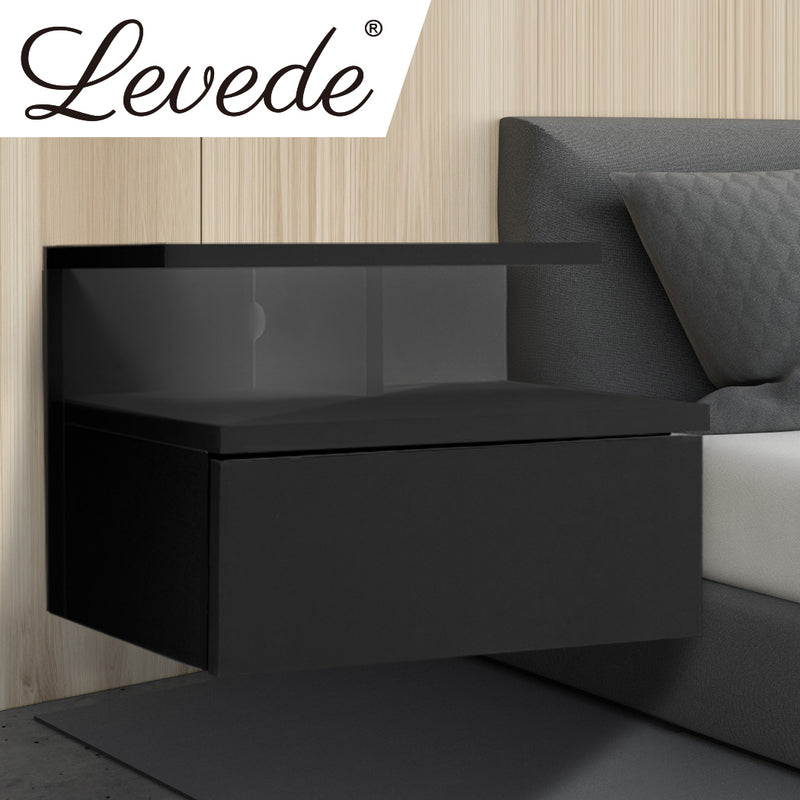 Levede Bedside Tables LED Side Table Storage Drawer Floating Nightstand Black X2