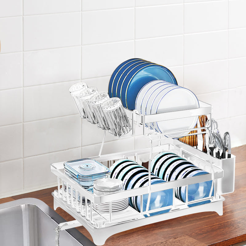 TOQUE Detachable Dish Drying Rack Cutlery Organizer Drainer Board  2 Tier White