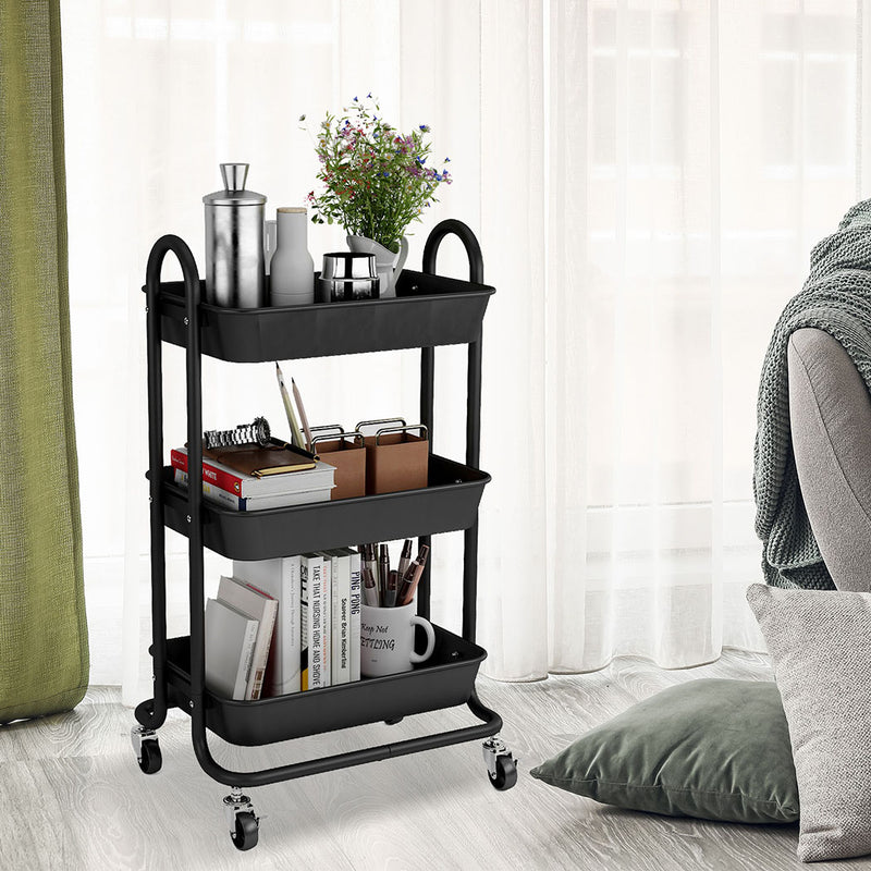 Levede 3 Tiers Kitchen Storage Trolley Cart Steel Rack Shelf Organiser Black