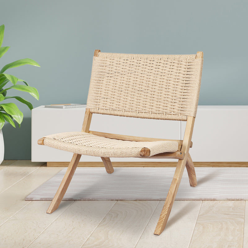 Levede Foldable Single Deck Chair Solid Ash Wood Kraft Rope Paper Woven Seat