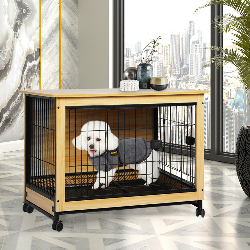 PaWz Wooden Wire Dog Kennel Side End Table Steel Puppy Crate Indoor Pet House M