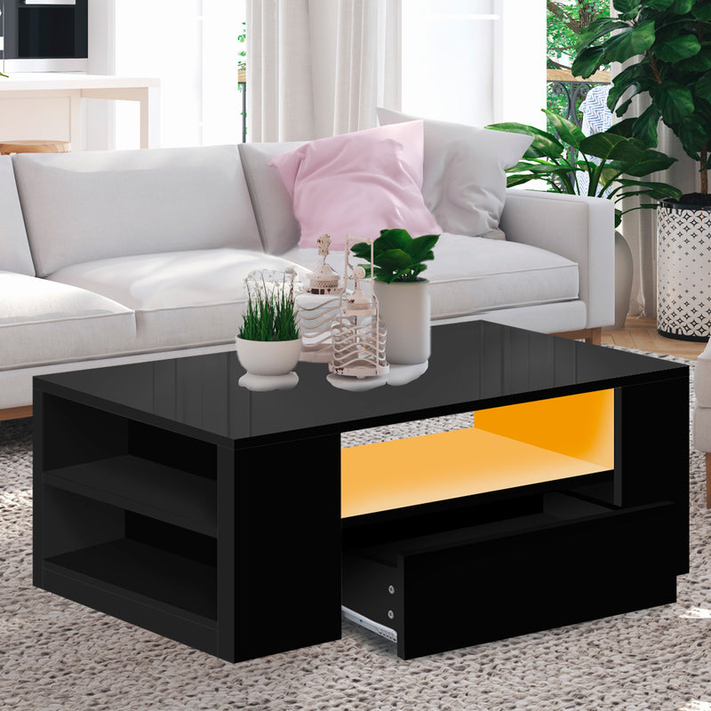 Levede Coffee Table LED Lights High Gloss Storage Drawer Living Room Black