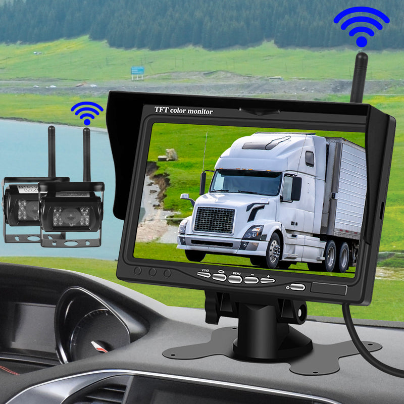 7" Car Wireless Rear View Monitor +2 Reverse Camera Caravan Bus Truck 12 24V