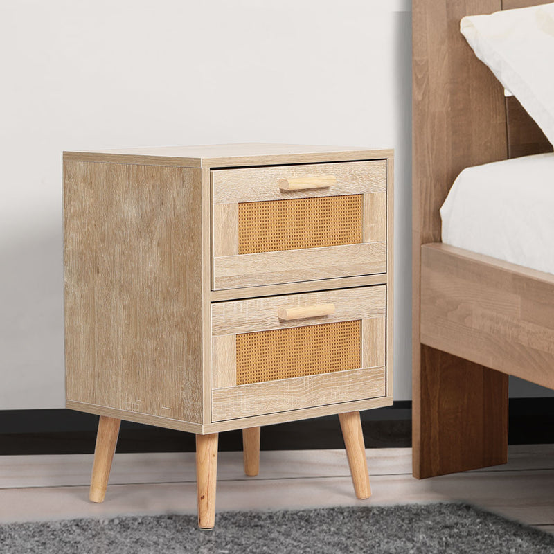 Levede Bedside Tables 2 Drawers Rattan Wood Nightstand Storage Cabinet Bedroom