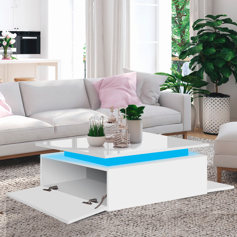 Levede Coffee Table LED Lights High Gloss Storage Drawer Living Room White